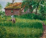 Olof Sager-Nelson Flicka pa blomsterang oil painting artist